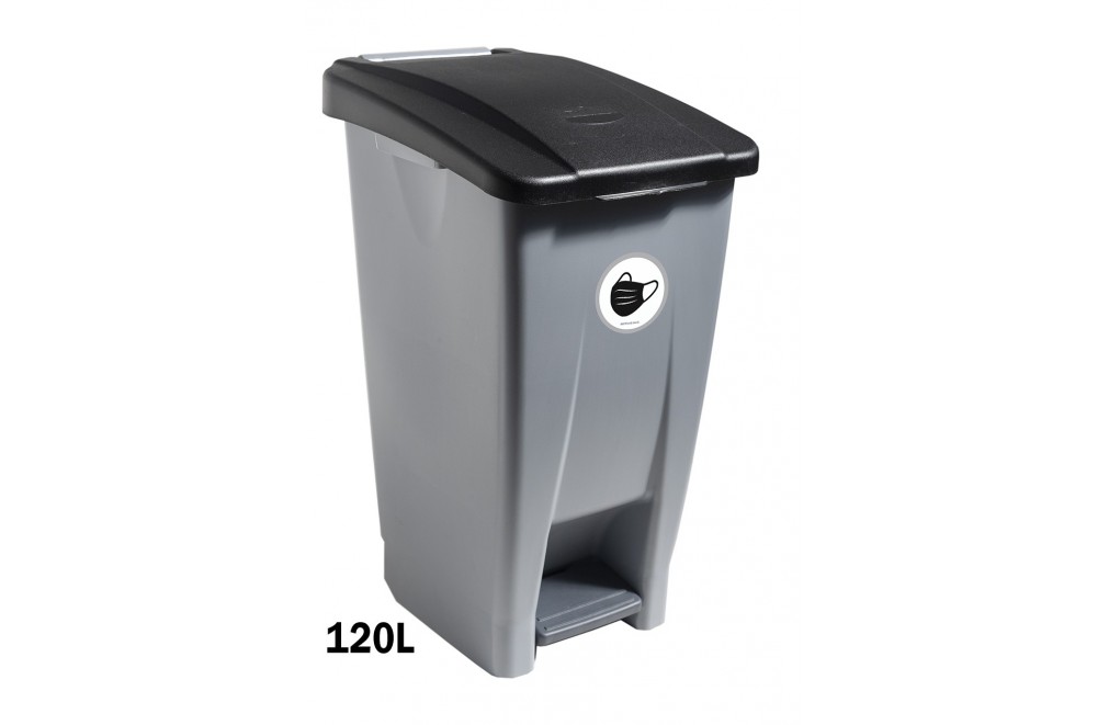 Container mit Pedal 120 Liters (Recycling-Aufkleber). Deckel in schwarz