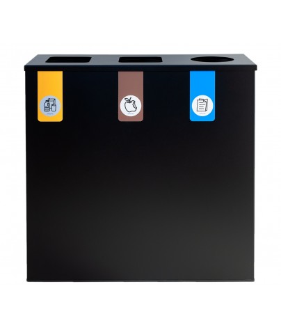 Black recycling bin for 3 types of waste (Yellow / Brown / Blue)
