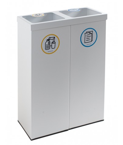 Papelera metálica blanca de reciclaje 2 residuos. Capacidad 88 litros  (Amarillo / Azul)