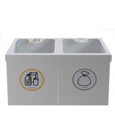 Papelera metálica blanca de reciclaje 2 residuos. Capacidad 88 litros  (Amarillo / Gris)