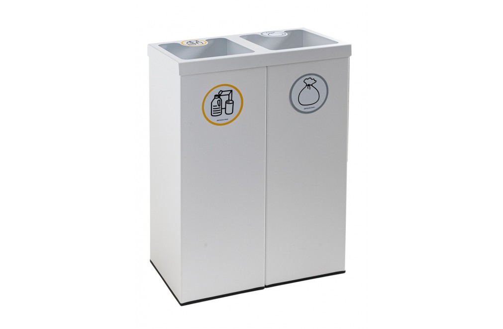 Papelera metálica blanca de reciclaje 2 residuos. Capacidad 88 litros  (Amarillo / Gris)