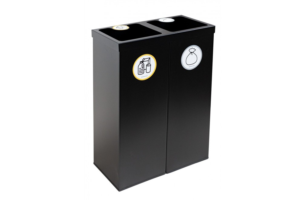 Papelera metálica negra de reciclaje 2 residuos. Capacidad 88 litros  (Amarillo / Gris)
