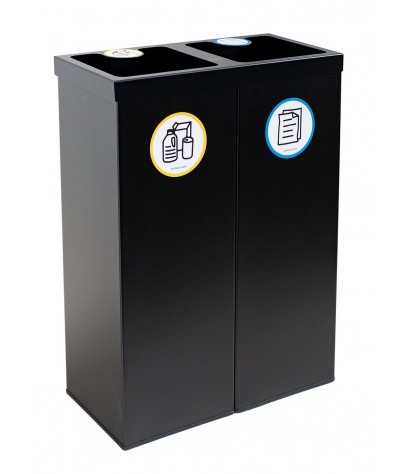 Papelera metálica negra de reciclaje 2 residuos. Capacidad 88 litros  (Amarillo / Azul)