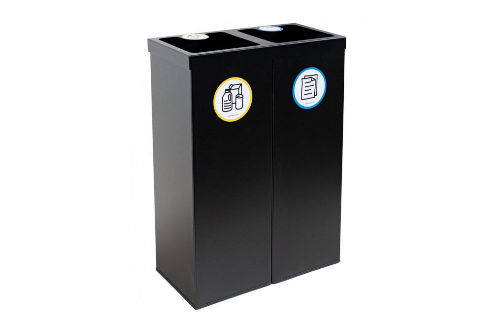 Corbeille à papier de recyclage metállique noir avec deux compartiments 88 Litres (Jaune / Bleu)