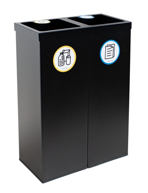 Papelera metálica negra de reciclaje 2 residuos. Capacidad 88 litros (5 adhesivos reciclaje)