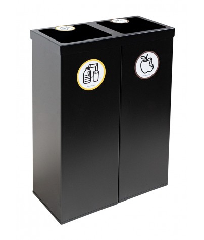 Papelera metálica negra de reciclaje 2 residuos. Capacidad 88 litros  (Amarillo / Marrón)