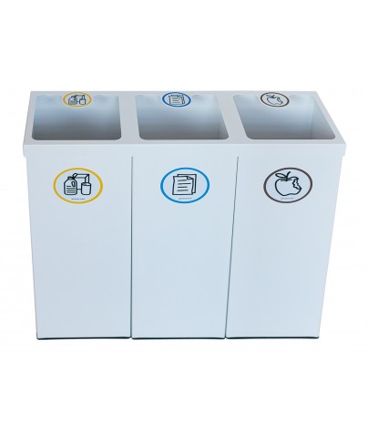 Papelera metálica blanca de reciclaje 3 residuos. Capacidad 132 litros  (Amarillo / Azul / Marrón)