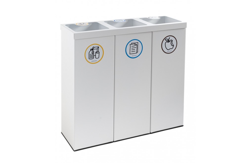 Recycling bin white color with three compartments 132 Liters (Yellow / Blue / Brown)