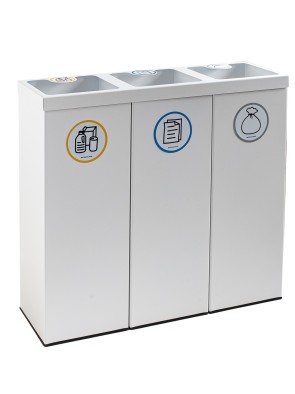 Papelera metálica blanca de reciclaje 3 residuos. Capacidad 132 litros (Amarillo / Azul / Gris)