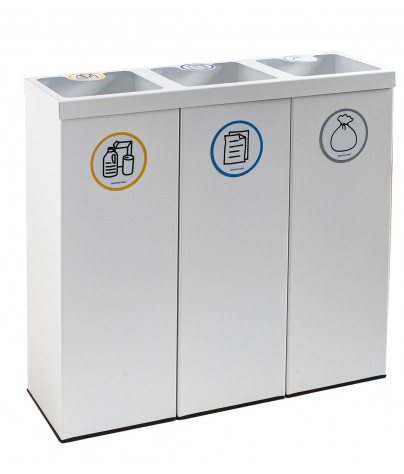 Papelera metálica blanca de reciclaje 3 residuos. Capacidad 132 litros  (Amarillo / Azul / Gris)