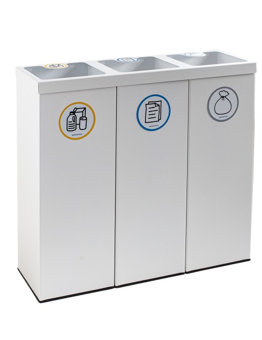 Recycling bin white color with three compartments 132 Liters (Yellow / Blue / Gray)