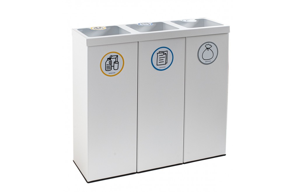 Recyclingpapierkorb in texturierte weiß mit drei Fächern 132 Liters (Gelb / Blau / Grau)