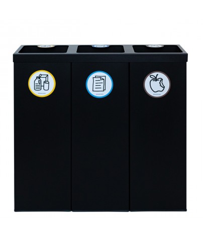 Corbeille à papier de recyclage metállique noir avec trois compartiments 88 Litres (Jaune / Bleu / Marron)