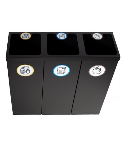 Corbeille à papier de recyclage metállique noir avec trois compartiments 88 Litres (Jaune / Bleu / Marron)