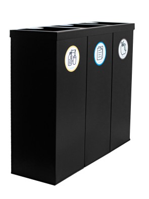 Papelera metálica negra de reciclaje 3 residuos. Capacidad 132 litros (Amarillo / Azul / Marrón)