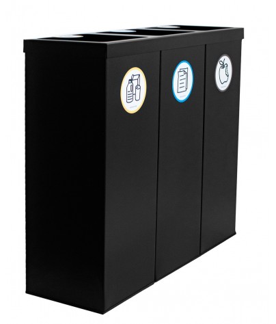 Papelera metálica negra de reciclaje 3 residuos. Capacidad 132 litros  (Amarillo / Azul / Marrón)
