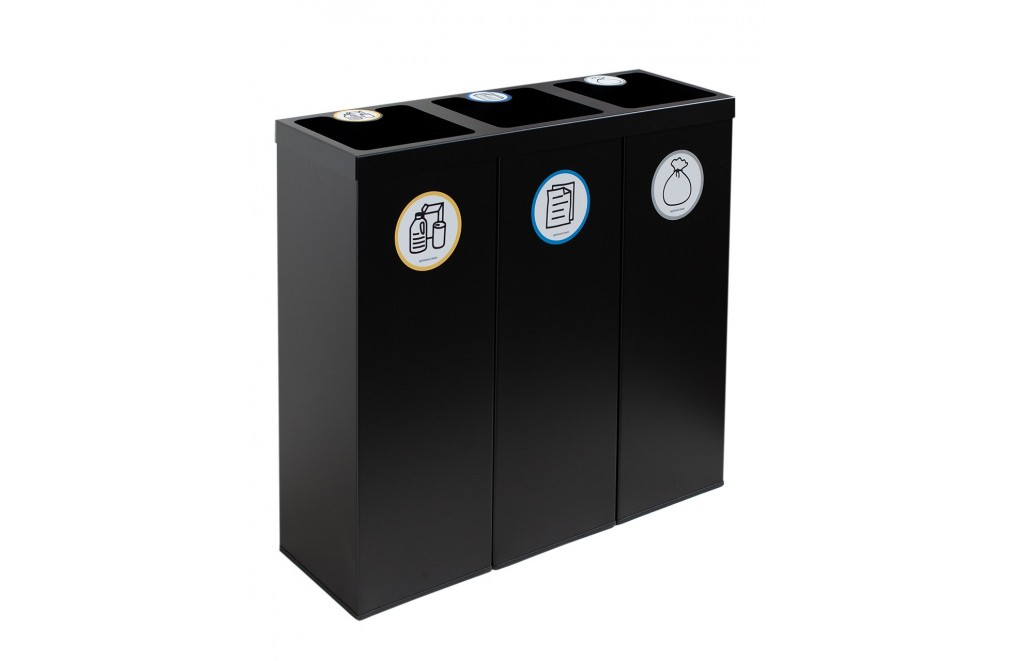 Papelera metálica negra de reciclaje 3 residuos. Capacidad 132 litros  (Amarillo / Azul / Gris)