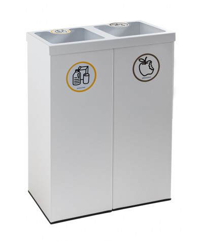 Papelera metálica blanca de reciclaje 2 residuos. Capacidad 88 litros  (Amarillo / Marrón)