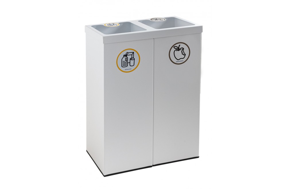 Papelera metálica blanca de reciclaje 2 residuos. Capacidad 88 litros  (Amarillo / Marrón)