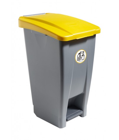 Container mit Pedal 60 Liters (Recycling-Aufkleber). Deckel in Gelb