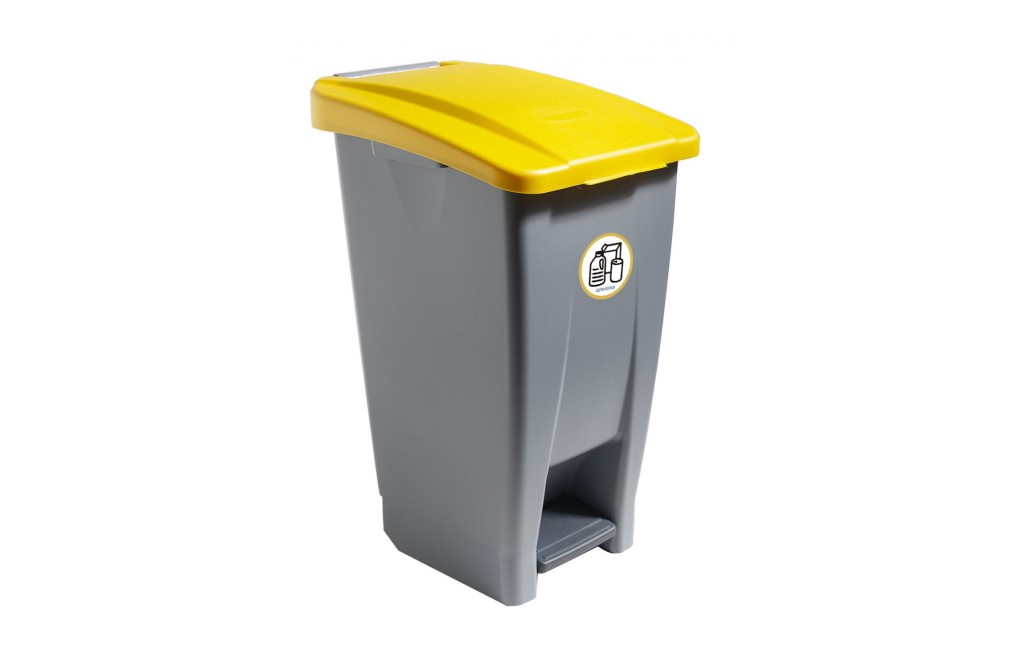 Container mit Pedal 60 Liters (Recycling-Aufkleber). Deckel in Gelb