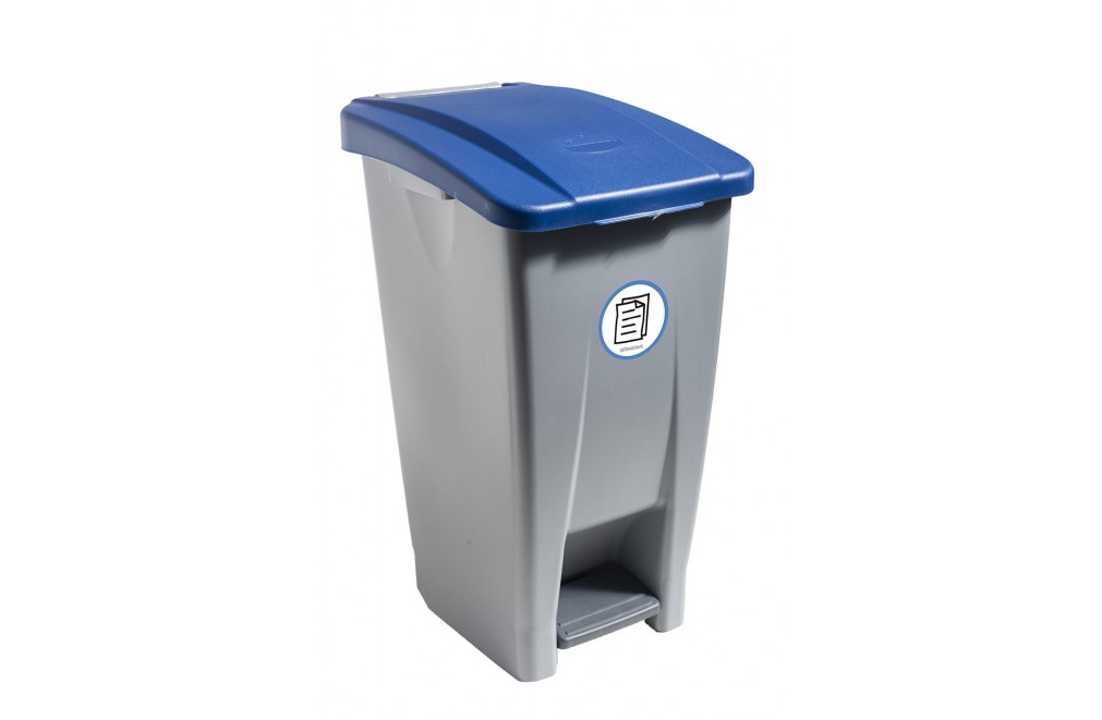 Container mit Pedal 60 Liters (Recycling-Aufkleber). Deckel in blau
