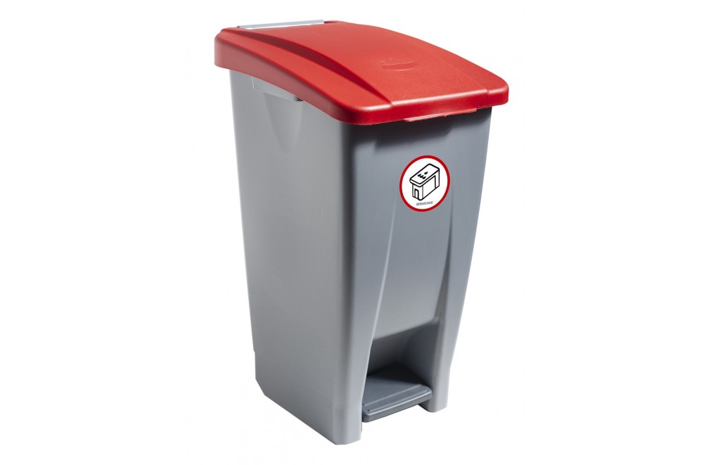 Container mit Pedal 60 Liters (Recycling-Aufkleber). Deckel in rot