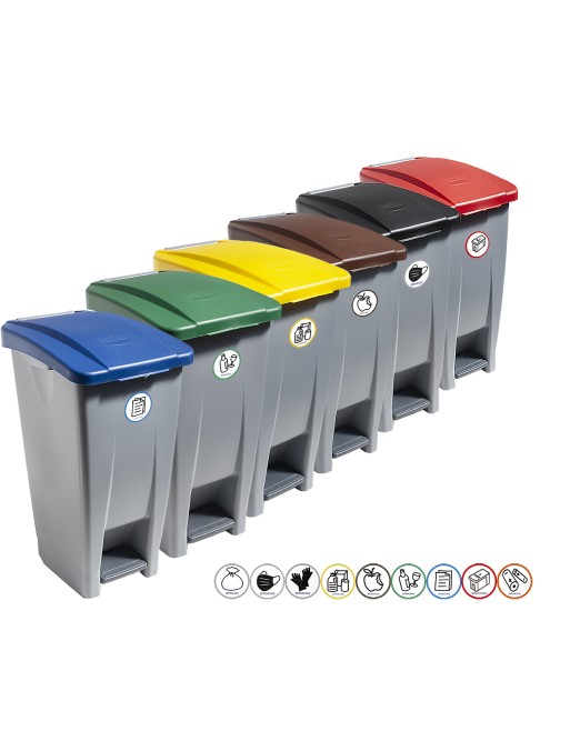 Contenedor con pedal 60 litros con adhesivo reciclaje. Tapa Marrón