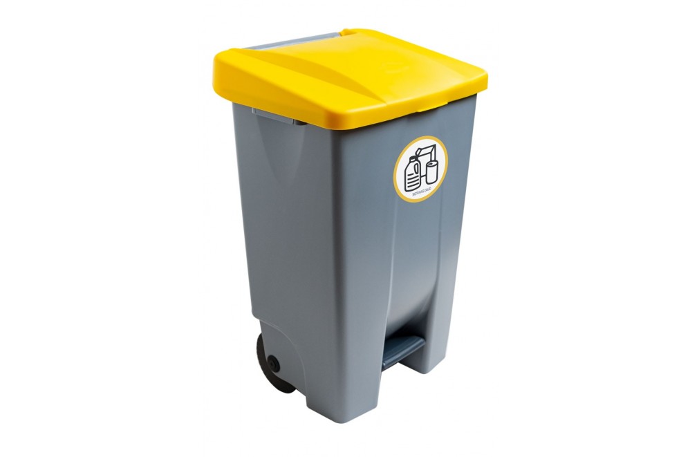 Container mit Pedal 80 Liters (Recycling-Aufkleber). Deckel in Gelb