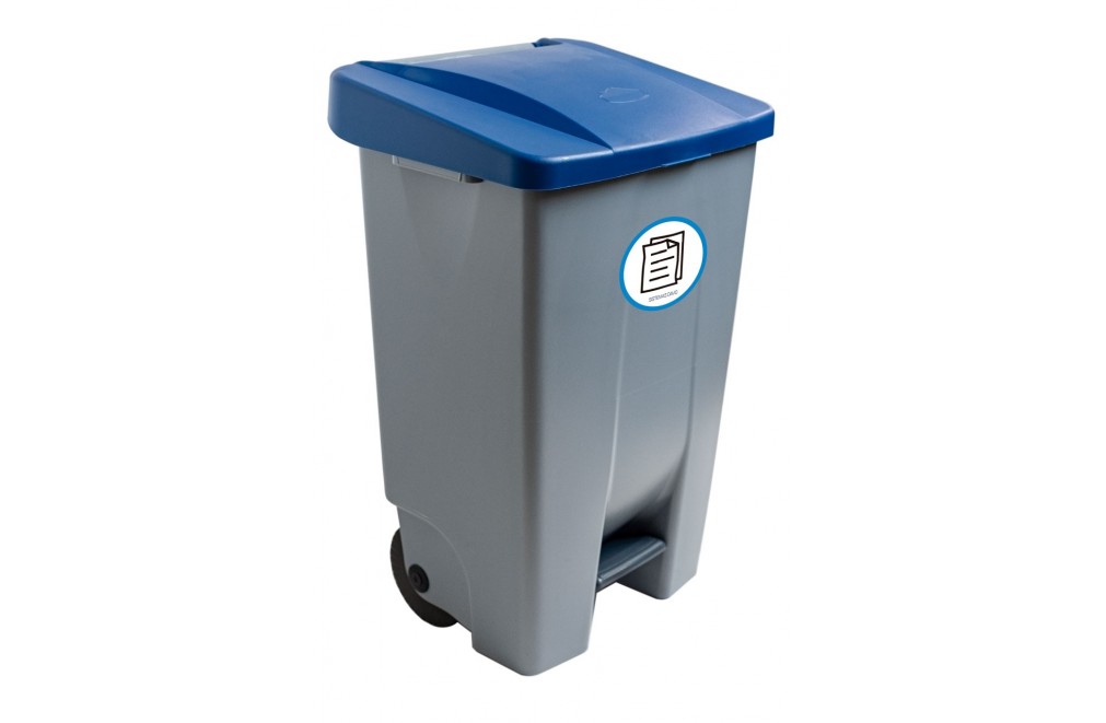 Container mit Pedal 80 Liters (Recycling-Aufkleber). Deckel in blau