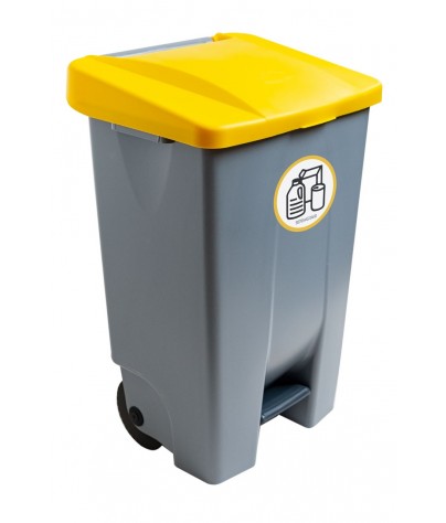 Conteneur à pédale de 120 litres avec autocollant de recyclage. Couvercle en jaune