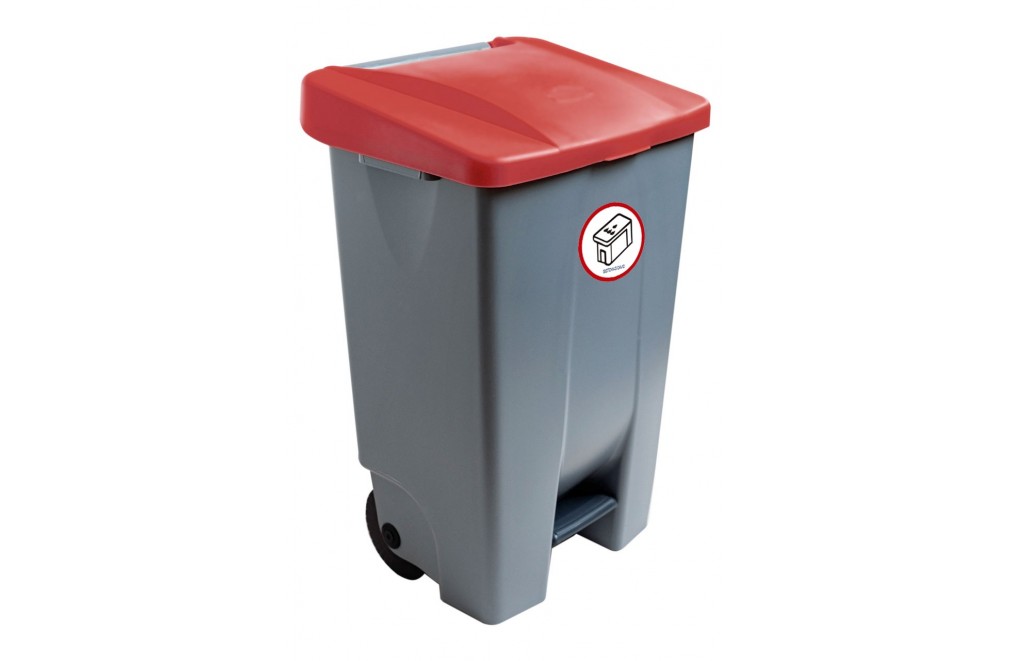 Container with pedal (80 Liters) (Recycling adhesive). Lid in red