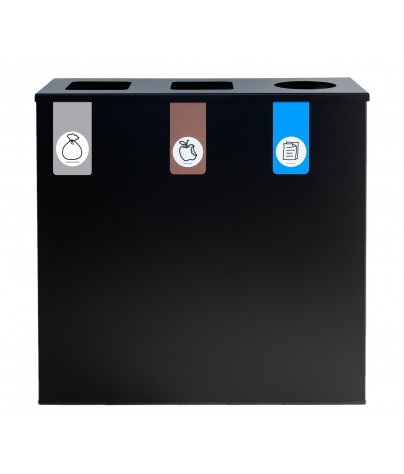 Black recycling bin for 3 types of waste (Grey / Brown / Blue)