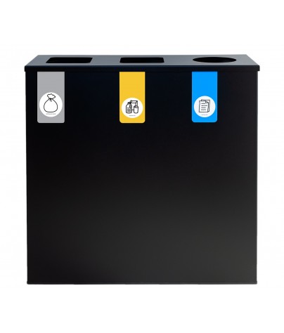 Black recycling bin for 3 types of waste (Grey / Yellow / Blue)