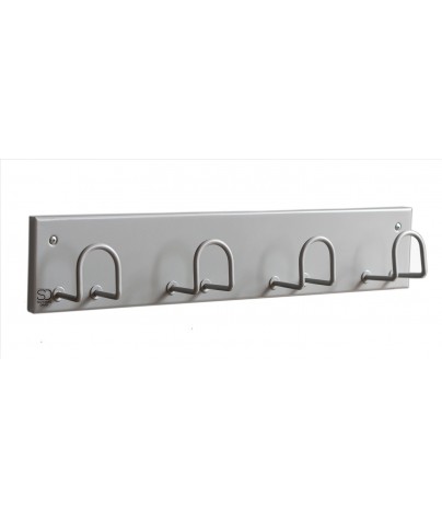 Wall-mounted rack with 4 hooks. Silver colour