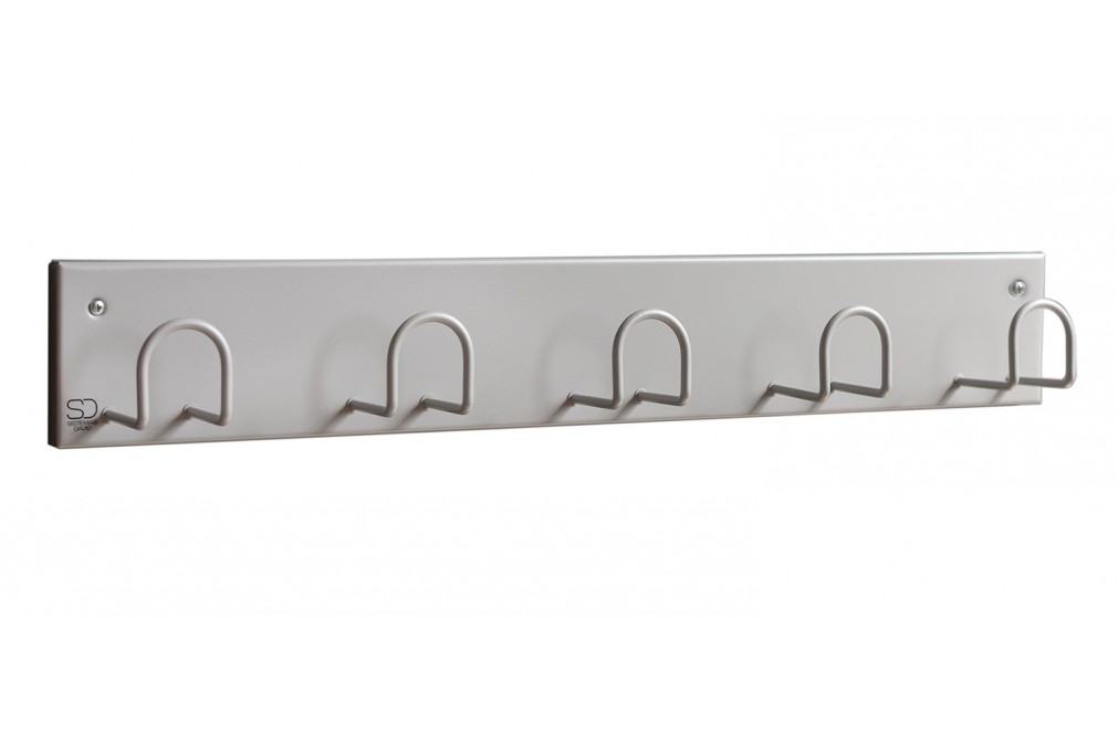 Wall-mounted rack with 5 hooks. Silver color