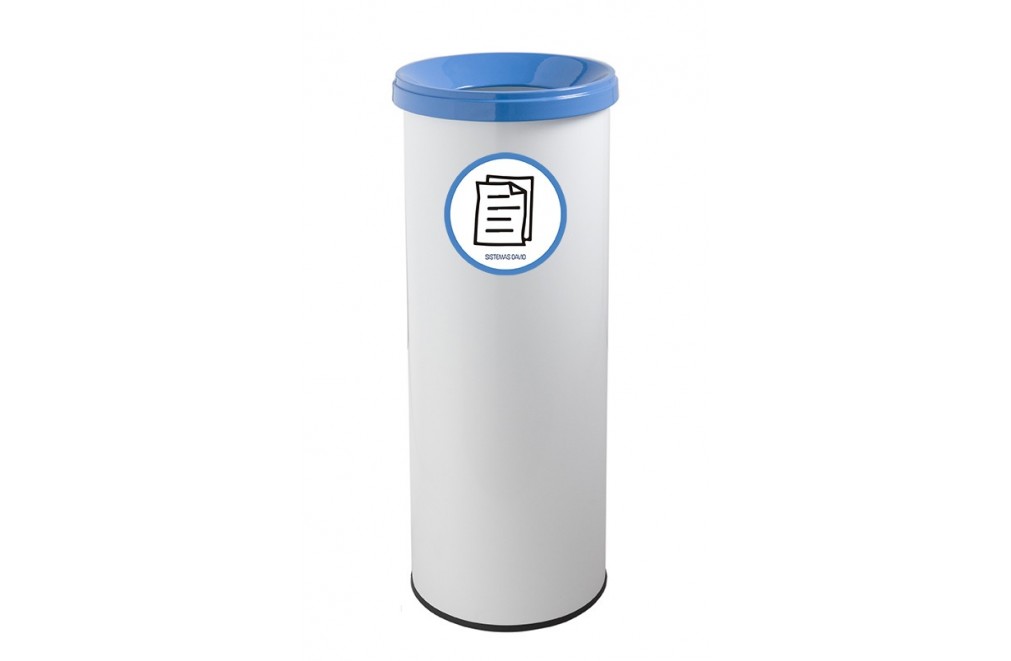 Poubelle de recyclage en métal blanc avec couvercle bleu. Capacité 35 litres