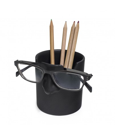 Pot à crayons ou porte-stylo en céramique. Modèle de lunettes (noir)