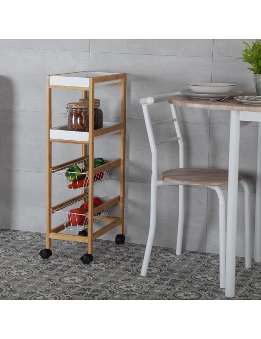 Cart with wheels with 2 baskets and 2 shelves, Bamboo model