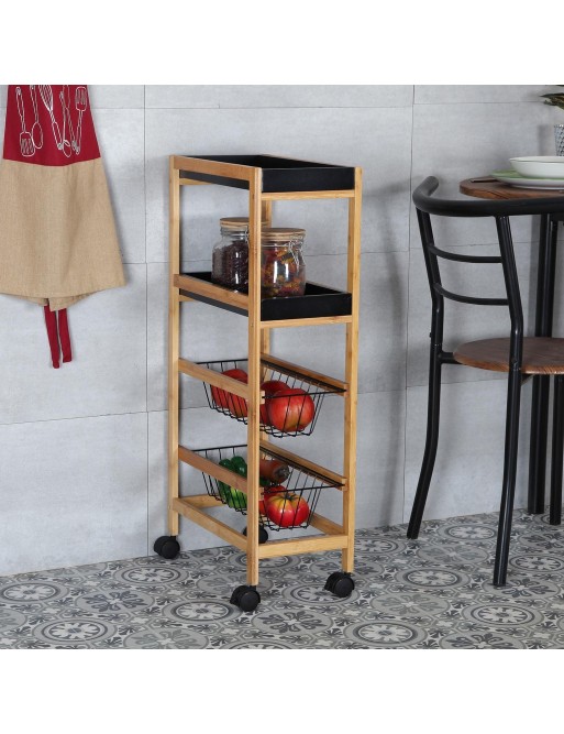 Chariot à roulettes avec 2 paniers et 2 étagères, modèle Bamboo (noir) Chariot à roulettes avec 2 paniers et 2 étagères, modèle Bamboo (noir)