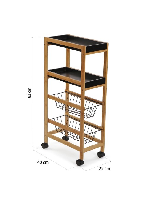 Cart with wheels with 2 baskets and 2 shelves, Bamboo model (black)