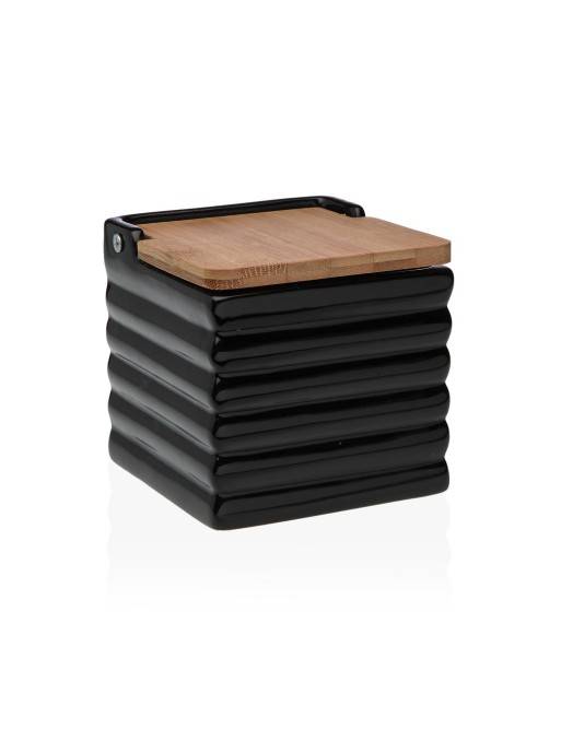 SALIÈRE CARRÉE NOIRE AVEC COUVERCLE EN BAMBOU MODÈLE VIKI SALIÈRE CARRÉE NOIRE AVEC COUVERCLE EN BAMBOU MODÈLE VIKI