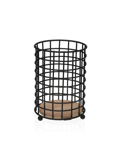 BLACK METAL AND WOODEN ROD MODEL UTENSIL HOLDER