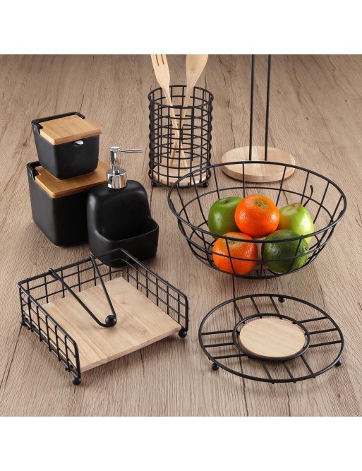 BLACK METAL AND WOODEN ROD MODEL UTENSIL HOLDER