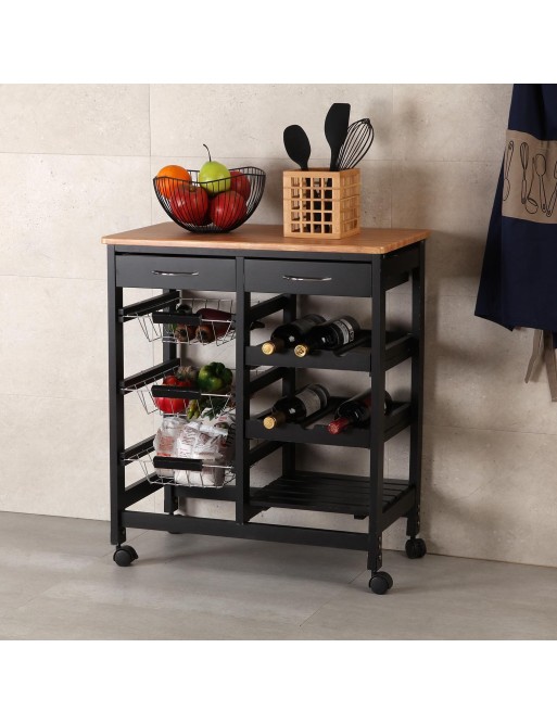 KITCHEN TROLLEY WITH WHEELS AND 3 BASKETS BLACK