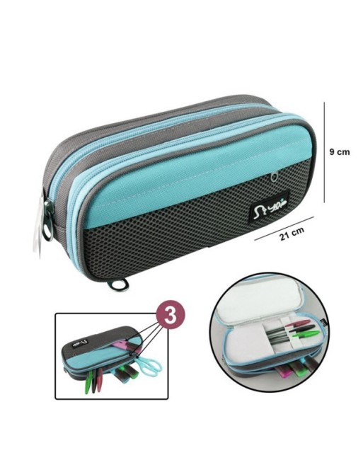 Estuche Bicolor con 3 cremalleras color Azul claro y Negro Estuche Bicolor con 3 cremalleras color Azul claro y Negro