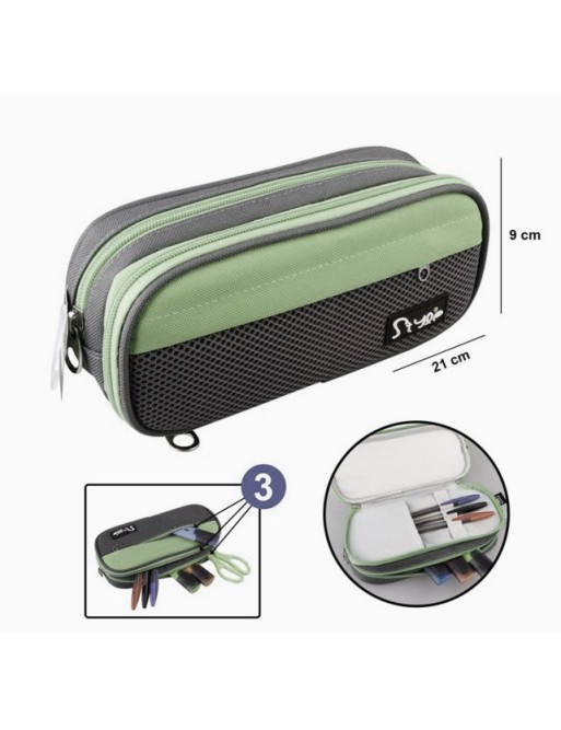 Estuche Bicolor con 3 cremalleras color Negro y Verde Caqui Estuche Bicolor con 3 cremalleras color Negro y Verde Caqui
