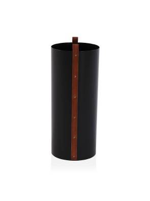 SCHWARZER SCHIRMSTÄNDER MIT BRAUNEM LEDERDETAIL