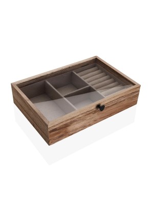 BOÎTE À BIJOUX EN BOIS AVEC DESSUS EN VERRE ET DEUX TIROIRS