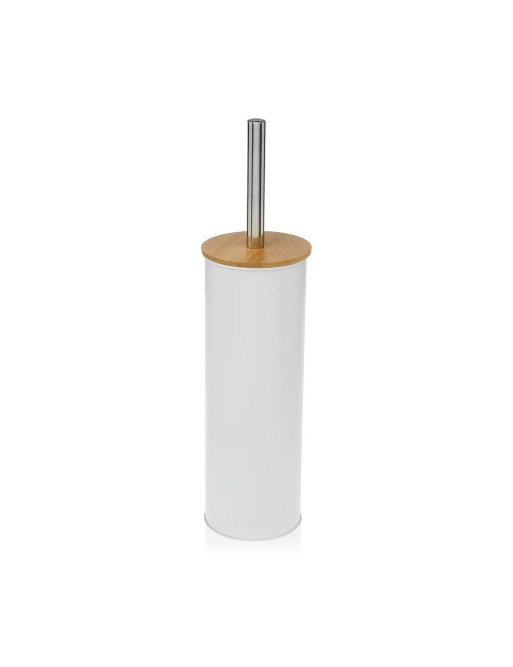 WHITE BATHROOM TOILET BRUSH HOLDER WITH BAMBOO LID